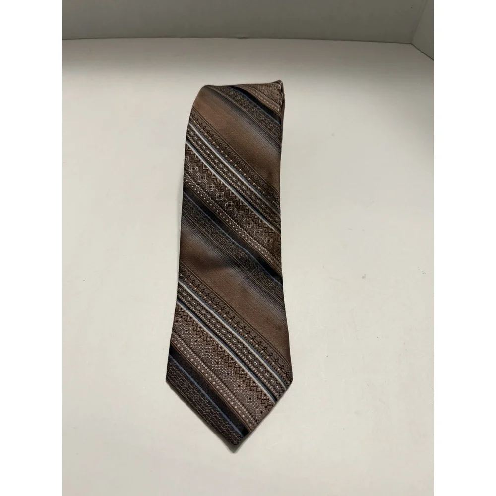 Bergere Mens Necktie Brown Blue Geometric Diagonal Stripe Polyester RN 20547